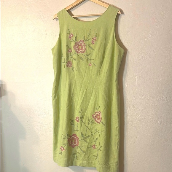 Dress Barn Floral Stitched Green Pink Linen Rayon Shift Dress Fairy Cottagecore - Picture 1 of 7